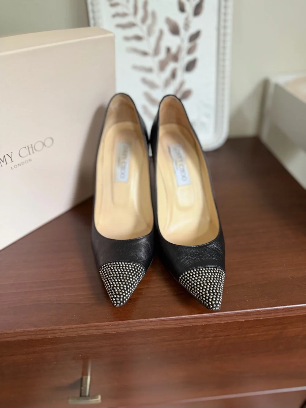 Jimmy Choo Black Leather Pointed Toe Pumps with Studded Cap
